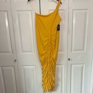JLUXLABEL One Shoulder Yellow Draping Braided Trim Dress size XL NWT
